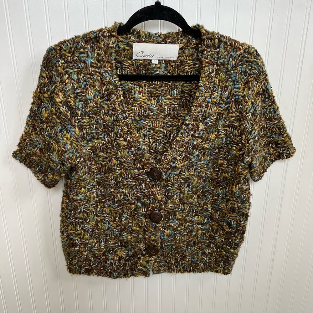 Curio New York Green & Brown Chunky Knit Short Sleeve Cardigan Sweater Medium